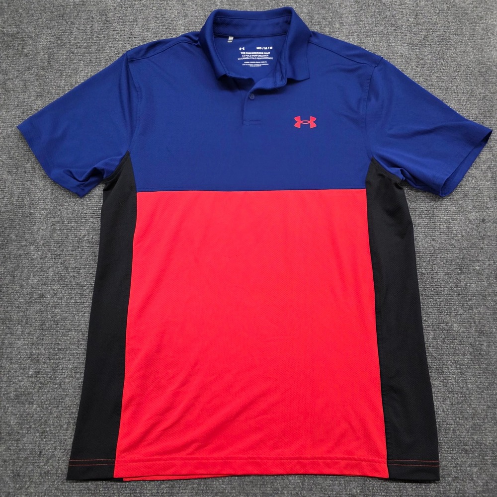 Under Armour Performance Polo Mens Medium Blue Red Black Colorblock Golf Shirt